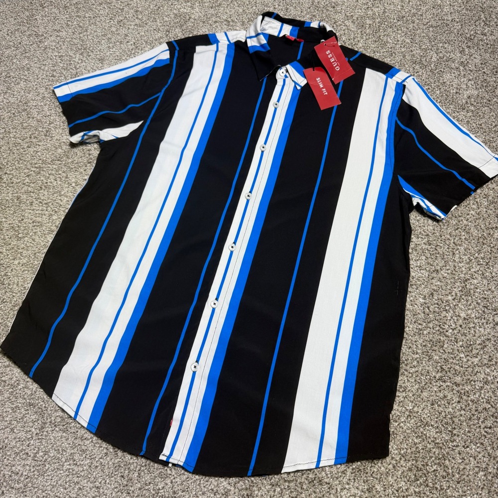 NEW Guess Men L Slim Fit Button Down Short Sleeve Stripe Black Retro Casual